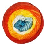 Top view of cake of Cumulus Rainbow yarn in colorway 211 - Tropical Sunset