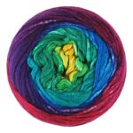 Top view of cake of Cumulus Rainbow yarn in colorway 201 - Aurora Borealis