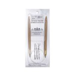 A size 11, 26 inch bamboo circular needle in its silver packaging