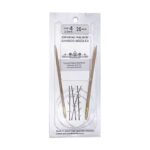 A size 4, 26 inch bamboo circular needle in its silver packaging