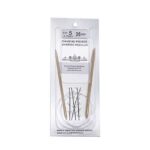 A size 5, 26 inch bamboo circular needle in its silver packaging