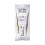 A size 8, 26 inch bamboo circular needle in its silver packaging