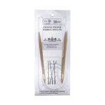 A size 9, 26 inch bamboo circular needle in its silver packaging