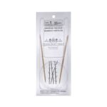 A size 1, 35 inch bamboo circular needle in its silver packaging