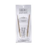 A size 5, 35 inch bamboo circular needle in its silver packaging