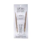 A size 8, 35 inch bamboo circular needle in its silver packaging