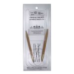 A size 10, 16 inch bamboo circular needle in its silver packaging