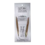 A size 11, 16 inch bamboo circular needle in its silver packaging