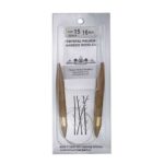 A size 15, 16 inch bamboo circular needle in its silver packaging