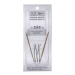 A size 1, 16 inch bamboo circular needle in its silver packaging