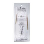 A size 5, 12 inch bamboo circular needle in its silver packaging