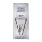 A size 5, 16 inch bamboo circular needle in its silver packaging