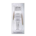 A size 6, 12 inch bamboo circular needle in its silver packaging