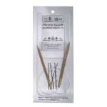 A size 6, 16 inch bamboo circular needle in its silver packaging