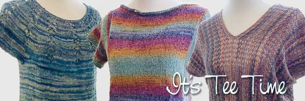 Three tees knitted in mutlicolor yarn displayed on dressforms. The script font reads "It's tee time"